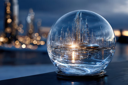 A crystal sphere contains a detailed futuristic city that shines as daylight fades, highlighting its skyline and lights.の素材