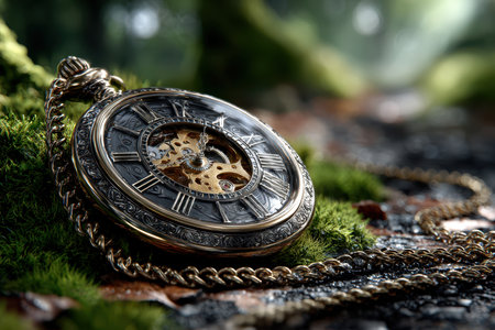 An antique pocket watch nestled in a bed of moss, with a soft morning light casting long shadows, shot with a macro lens, hinting at the passage of time forgotten in natureの写真素材