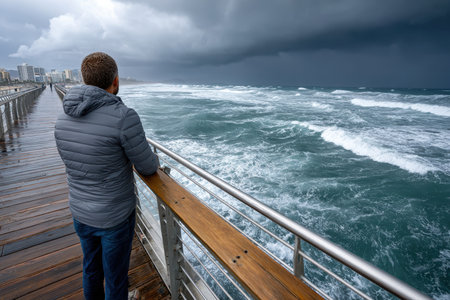 A man standing on a pier, gazing at a stormy sea under a brooding sky, shot with a telephoto lens, portraying the struggle against the elementsの写真素材