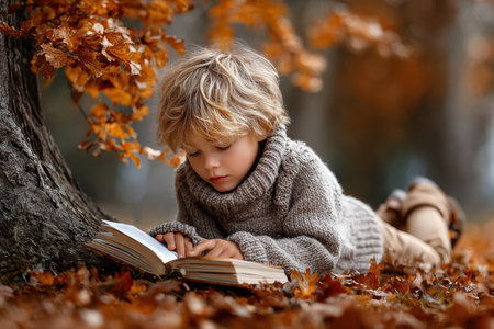 A young boy in a cozy sweater lies on the ground surrounded by orange autumn leaves, focused on his book.の写真素材