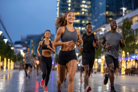 A lively group of five friends runs energetically along a vibrant city street at dusk, illuminated by lights.の写真素材