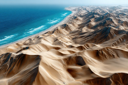Aerial view of a desert landscape meeting a vibrant blue oceanの写真素材