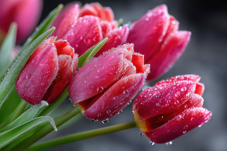 Closeup of pink tulip blossoms covered in water dropletsの写真素材