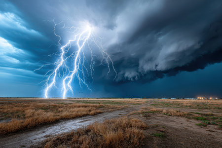 Lightning strikes a field under dark, ominous storm cloudsの写真素材