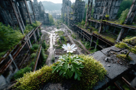 A single white flower grows on a mossy beam in the foreground, contrasting sharply with the blurred ruins of an industrial complex in the backgroundの写真素材