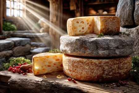 Wheels and wedges of cheese displayed with herbs and berriesの写真素材
