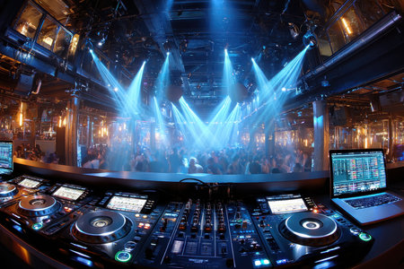 A DJ setup in a nightclub overlooks a dancing crowd bathed in blue stage lightingの写真素材