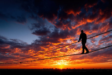 Silhouetted figure walks a tightrope above a city at sunsetの写真素材