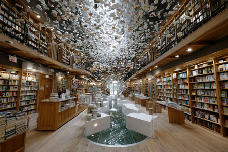 Visitors explore a contemporary library featuring floating books, wooden shelves, and ample natural light.の写真素材