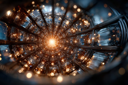 A mesmerizing vortex structure glows with luminous energy, showing intricate patterns and reflections.の写真素材