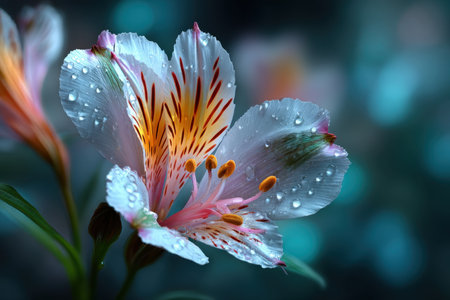 Closeup of a white and pink flower with water droplets on its petalsの写真素材