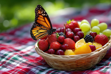 A wicker basket filled with fresh fruit and a butterfly on a picnic blanketの写真素材