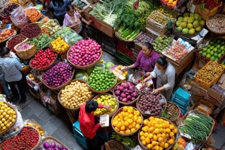 Vendors and shoppers interact among a wide variety of colorful fruits in a lively market atmosphere.の写真素材