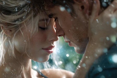 Two people embrace in a romantic moment as soft rain creates a dreamy atmosphere around them.の写真素材