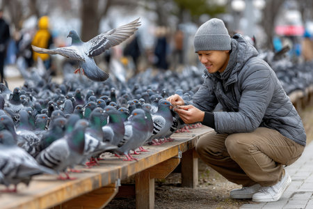 A young man crouches near a flock of pigeons, engaging with them in a lively urban park setting.の写真素材