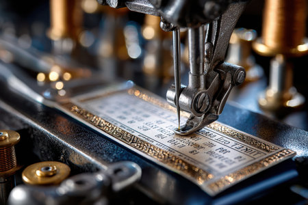 An antique ticket printing machine operates, showing intricate mechanics and a vintage ticket being processed.の写真素材