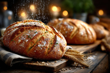 Freshly baked loaves of bread are sprinkled with flour on a rustic wooden tableの写真素材