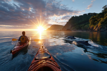Two kayakers paddle alongside playful dolphins as the sun rises over a tranquil ocean setting.の写真素材