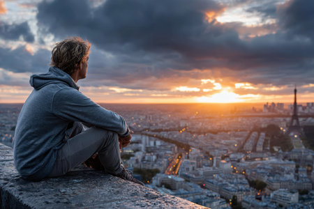 A person sits on a ledge overlooking Paris at sunset, gazing at the beautiful skyline and vibrant colors.の写真素材