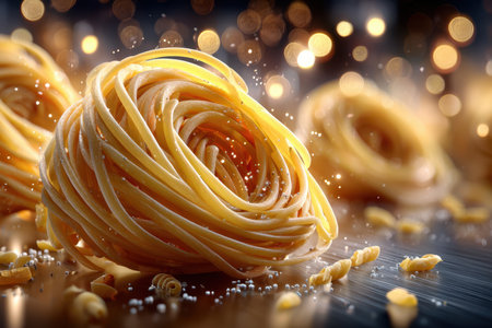 Closeup of golden swirls of spaghetti on a dark surfaceの写真素材