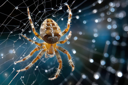 A spider carefully weaves its web in the early morning, with dew glistening on the strands, showing nature's beauty.の写真素材