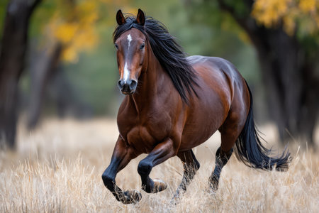 A bay horse gallops through a field of tall grassの写真素材