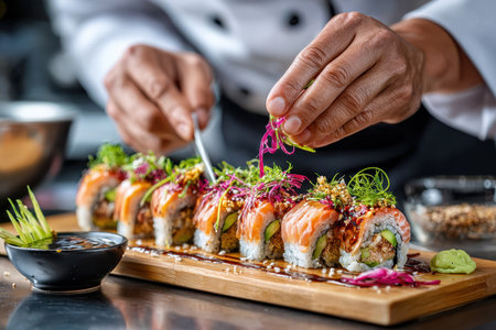 A chef delicately garnishes sushi rolls with vibrant toppings in a modern kitchen, showcasing culinary skills.の写真素材