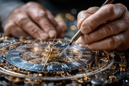 Craftsman adjusts delicate gears of a luxury watch, highlighting meticulous skills in a cozy workshop.の写真素材
