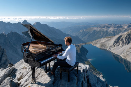 A musician plays a grand piano atop a mountain with breathtaking views of valleys and lakes in daylight.の写真素材