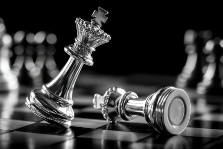 Silver chess pieces on a board with one king triumphant over anotherの写真素材