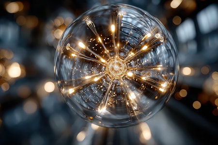 A unique lightbulb radiates bright light, surrounded by a soft bokeh blur in a modern room.の写真素材
