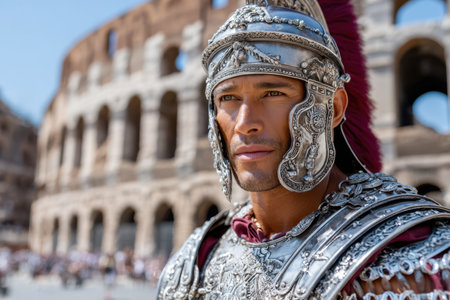 A gladiator dressed in detailed armor poses with the Roman Colosseum in the background under a clear sky.の写真素材