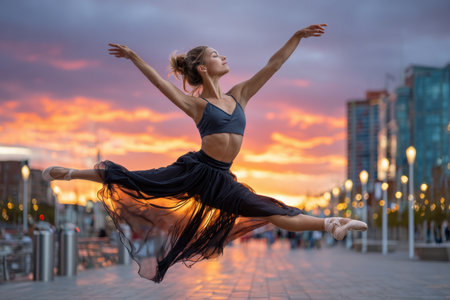 A ballerina performs a graceful leap outdoors against a vibrant sunset backdropの写真素材