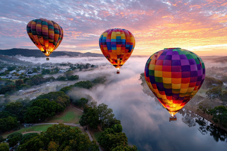 Three colorful hot air balloons soar over a misty valley at sunriseの写真素材