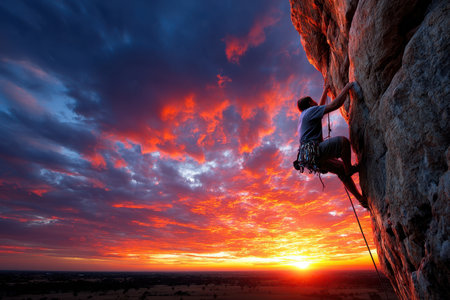 Silhouetted climber ascends a rock face during a vibrant sunsetの写真素材