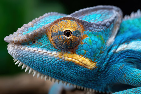 Closeup view of a vibrant blue and yellow chameleonの写真素材