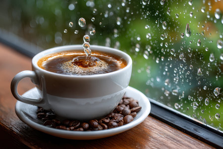 A white coffee cup sits on a wooden surface by a rainy windowの写真素材