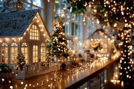 A miniature house decorated with Christmas lights sits on a wooden tableの写真素材