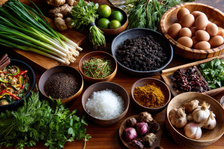 An array of fresh ingredients arranged on a wooden tableの写真素材