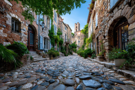 A shot of a narrow, cobbled street in an old European town, captured at dawn with a wide-angle lens, evoking a sense of history and charmの写真素材