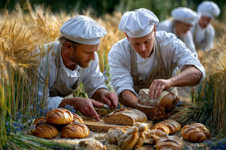 Bakers are crafting and slicing artisan bread surrounded by a lush wheat field under the warm sunset light.の写真素材