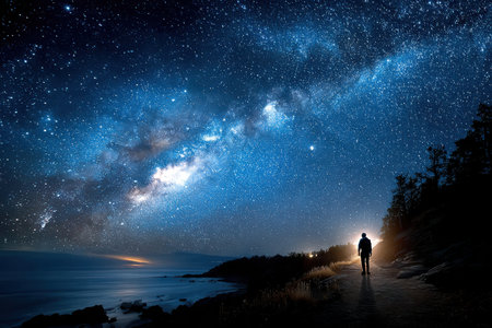 A lone hiker walks a path at night beneath a starry skyの写真素材
