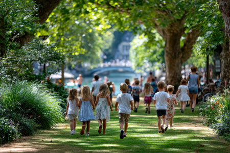 Children run along a grassy path beneath shady treesの写真素材