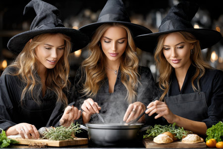Three witches with hats mix ingredients in a pot, surrounded by fresh herbs and baked bread, creating a potion.の写真素材