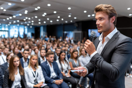 A young speaker presents his ideas confidently on stage to an attentive crowd during a business conference.の写真素材
