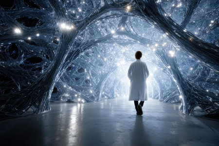A scientist walks through a glowing neural network structure, immersed in an innovative research environment.の写真素材