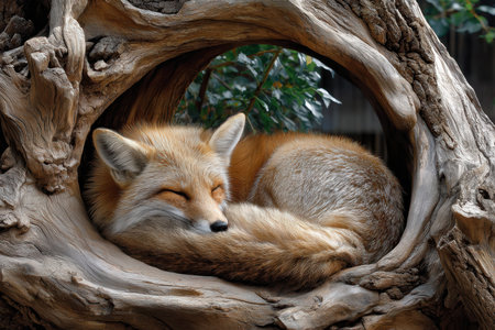 A beautiful fox sleeps peacefully inside a natural hollow tree with sunlight filtering through leaves.の写真素材