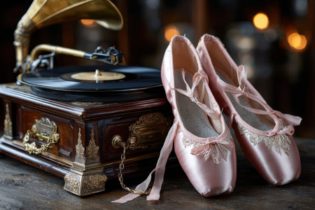 Delicate pink ballet shoes rest next to a classic gramophone, evoking a nostalgic and artistic atmosphere.の写真素材