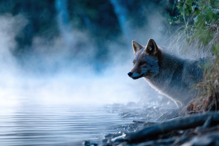 A coyote quietly watches the still water of a lake surrounded by early morning mist.の写真素材