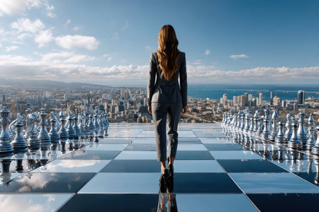 A woman in formal attire stands on a large chessboard, gazing at a panoramic city view under a dramatic sky.の写真素材